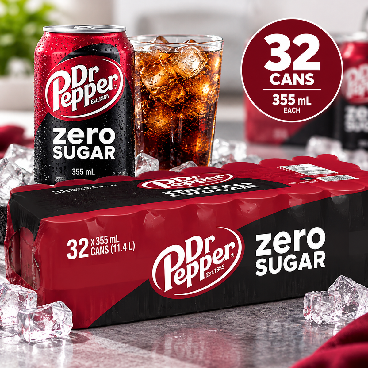 Dr Pepper Zero Sugar Soda, 32 Pack × 355 mL (12 fl oz) Cans, Zero Sugar Carbonated Soft Drink, Refreshing Fizzy Cola-Style Beverage for Parties, BBQs, Home, Office & Everyday Refreshment