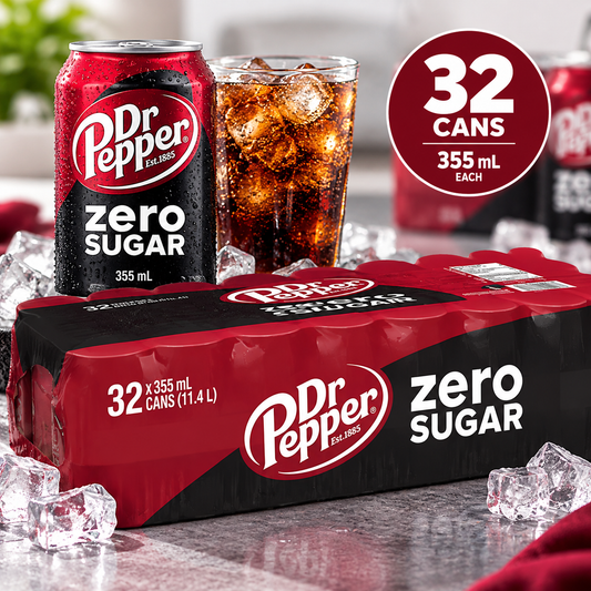 Dr Pepper Zero Sugar Soda, 32 Pack × 355 mL (12 fl oz) Cans, Zero Sugar Carbonated Soft Drink, Refreshing Fizzy Cola-Style Beverage for Parties, BBQs, Home, Office & Everyday Refreshment