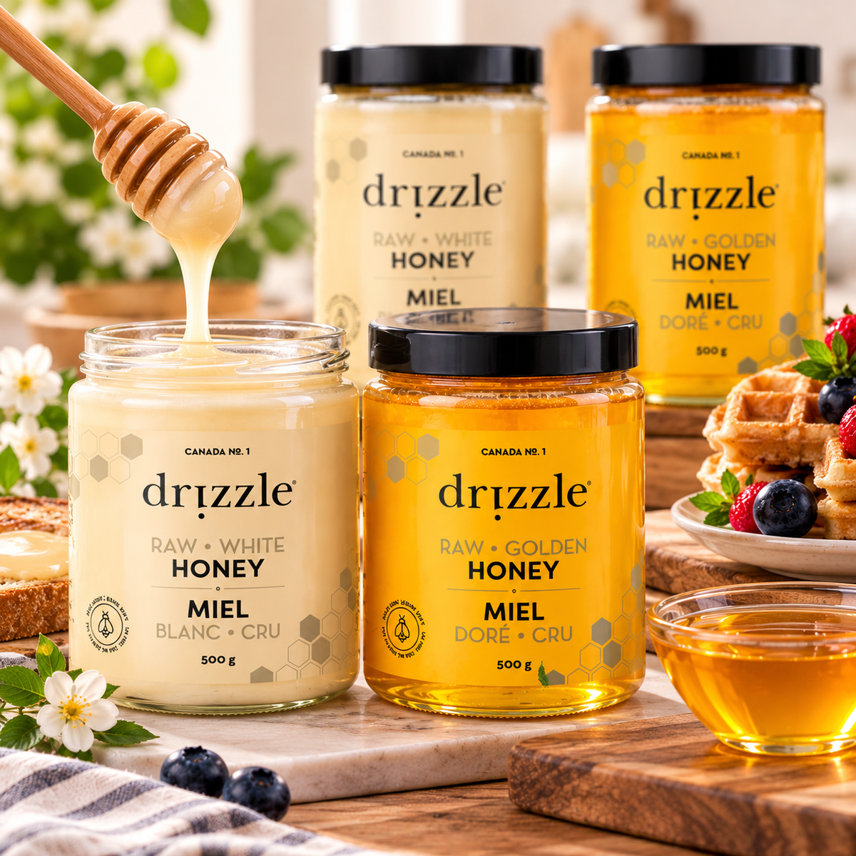 Drizzle 100% Pure Canadian Raw Honey Variety Pack, 4 × 500 g (2 kg Total), 2 White Honey + 2 Golden Honey, Unfiltered & Unheated Natural Honey, Smooth Spreadable Sweetener for Tea & Toast