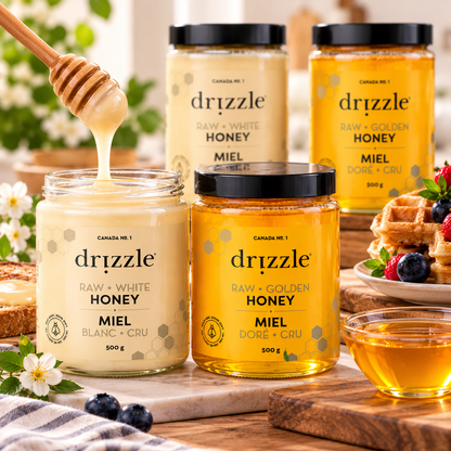 Drizzle 100% Pure Canadian Raw Honey Variety Pack, 4 × 500 g (2 kg Total), 2 White Honey + 2 Golden Honey, Unfiltered & Unheated Natural Honey, Smooth Spreadable Sweetener for Tea & Toast