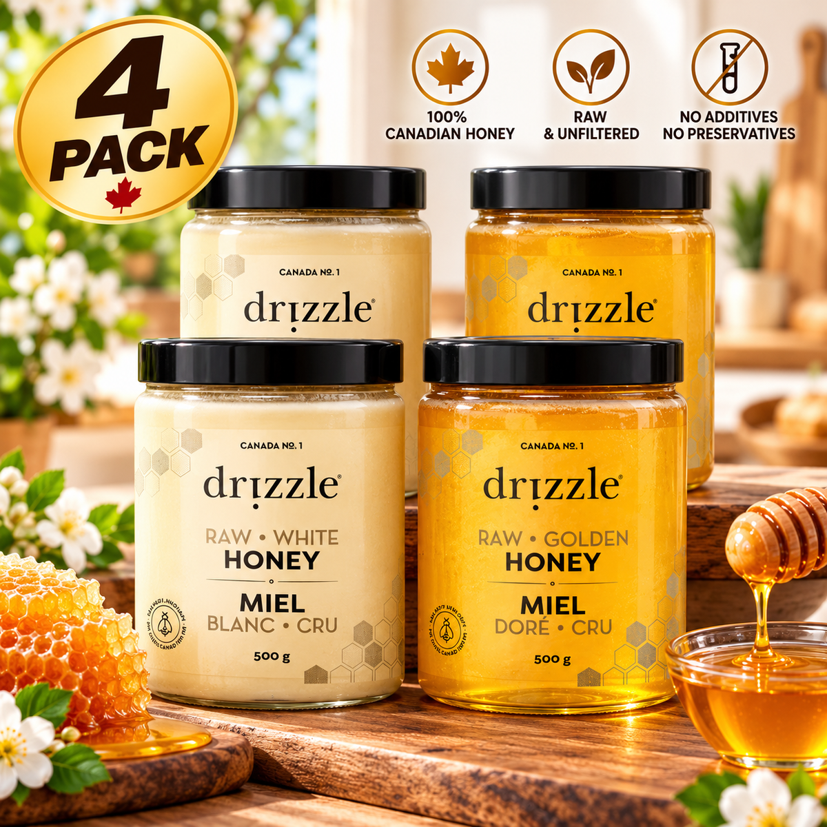 Drizzle 100% Pure Canadian Raw Honey Variety Pack, 4 × 500 g (2 kg Total), 2 White Honey + 2 Golden Honey, Unfiltered & Unheated Natural Honey, Smooth Spreadable Sweetener for Tea & Toast