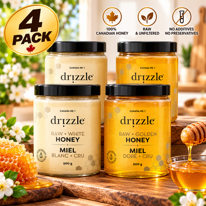 Drizzle 100% Pure Canadian Raw Honey Variety Pack, 4 × 500 g (2 kg Total), 2 White Honey + 2 Golden Honey, Unfiltered & Unheated Natural Honey, Smooth Spreadable Sweetener for Tea & Toast