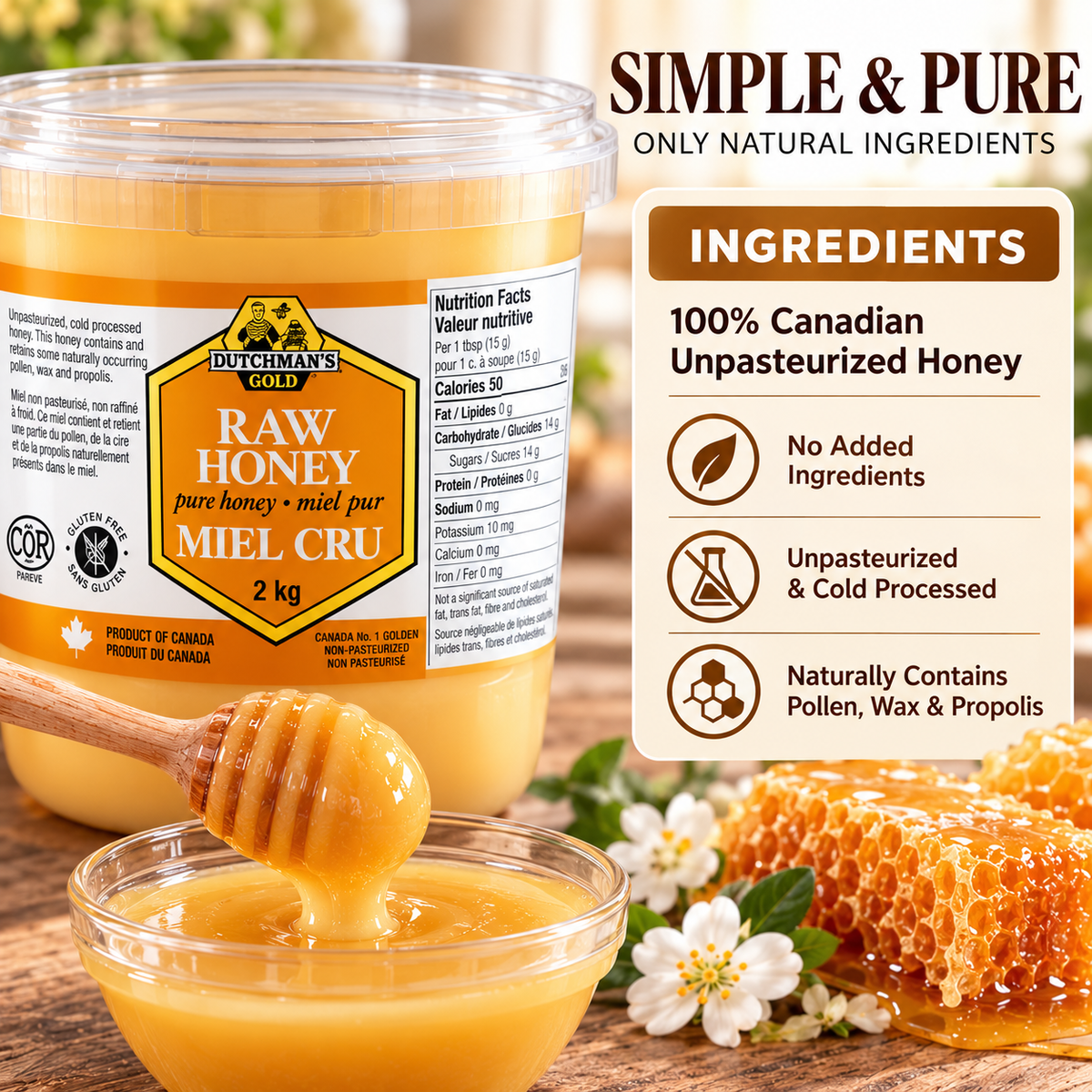 Dutchman's Gold 100% Pure Canadian Raw Honey, 2-Pack × 2 kg (4 kg Total), Unpasteurized Cold-Processed Honey, Smooth Creamy Spreadable Natural Honey for Toast, Tea, Baking, Cooking & Everyday Use