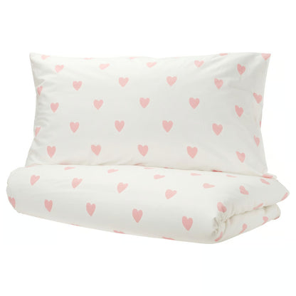 IKEA BARNDRÖM Duvet cover and pillowcase, heart pattern white/pink, Twin