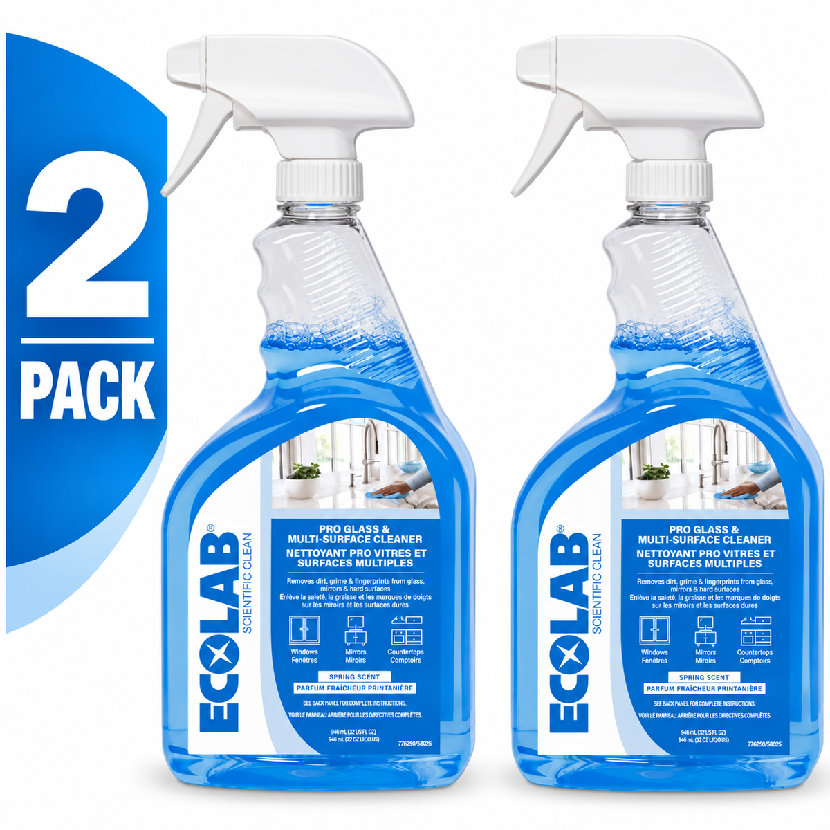 (2 Pack) ECOLAB Pro Glass & Multi-Surface Cleaner, Ammonia-Free, 946 mL