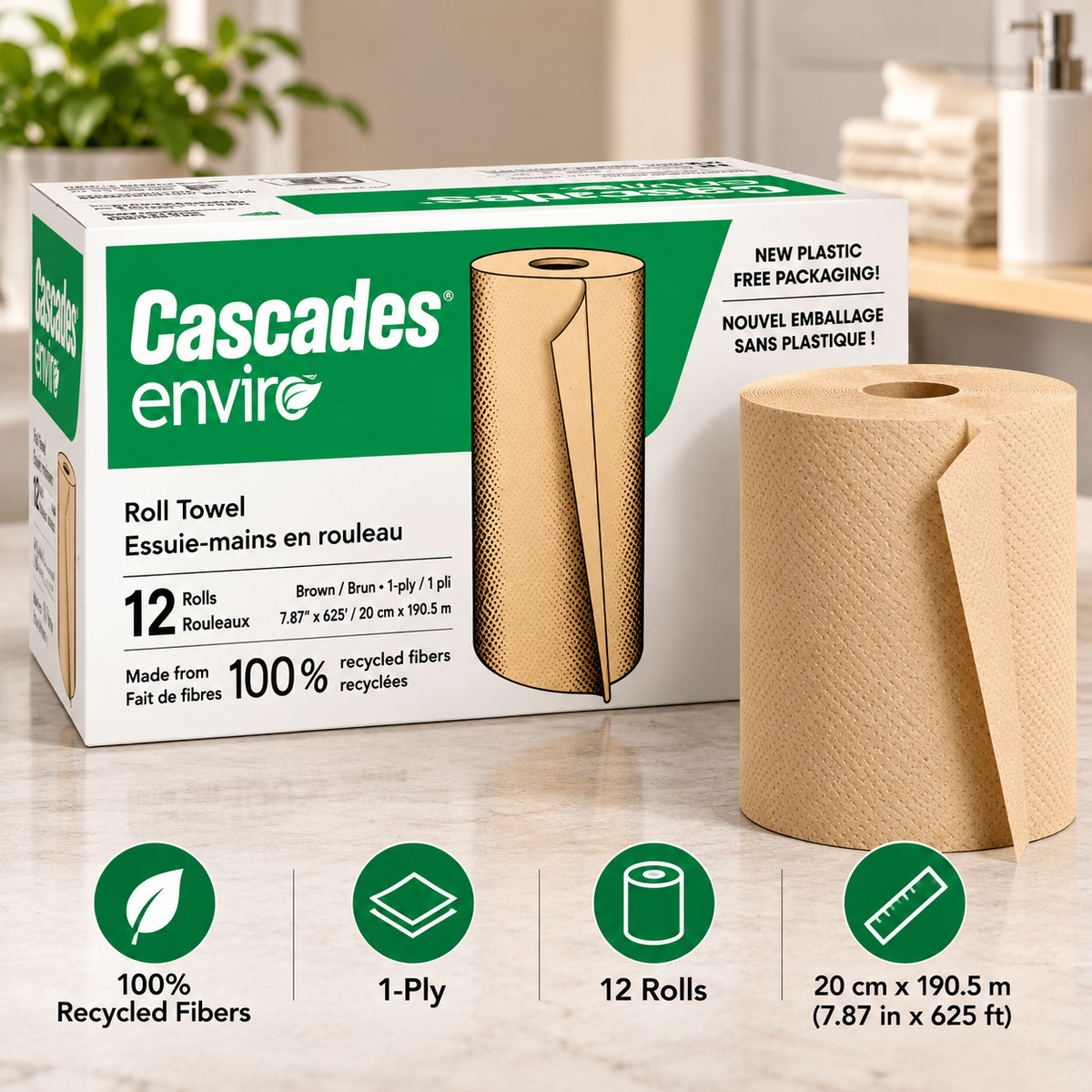 Cascades Enviro Hand Paper Towel Rolls, 12 Pack, 1-Ply Brown Roll Towels, 100% Recycled Fiber, Absorbent Disposable Hand Drying Paper Towels for Commercial Washrooms, Offices, Restaurants, Kitchens & Everyday Cleaning