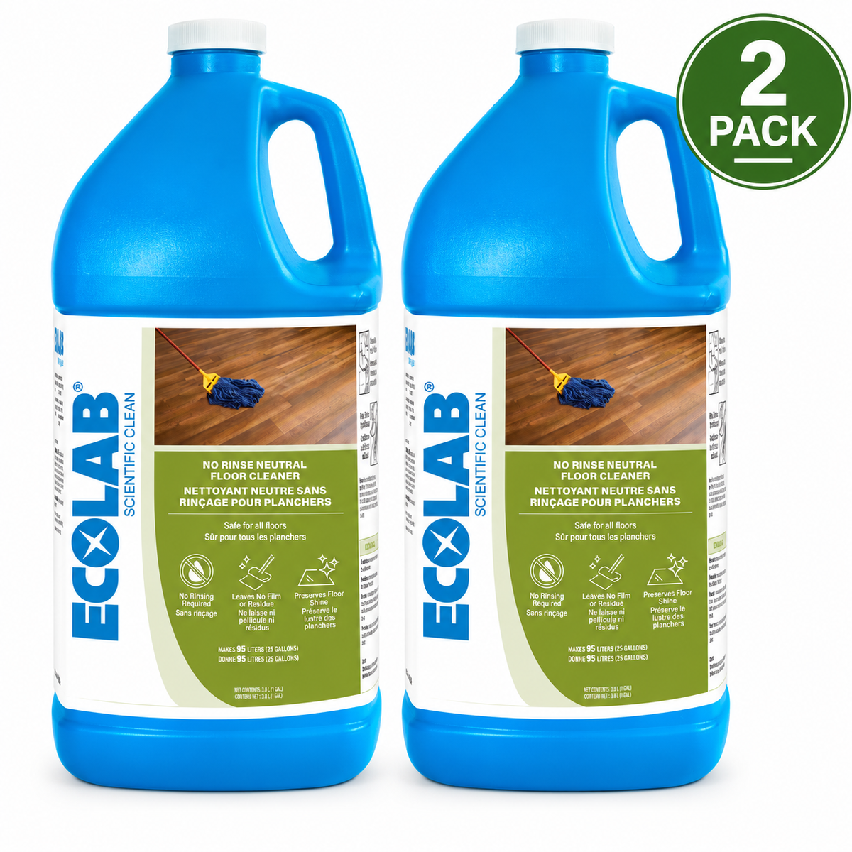 (2 Pack) Ecolab No-Rinse Neutral Floor Cleaner Concentrate, 3.8 L