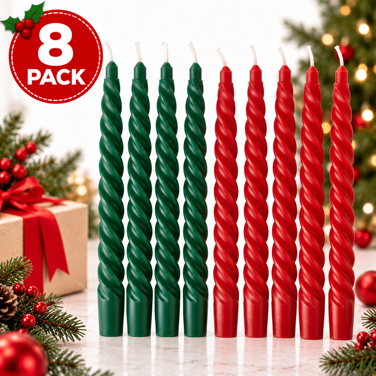 (8 Pack) IKEA VINTERFINT Twisted Taper Candles,Red & Green Unscented Christmas Dinner Candles, 25 cm (9¾ Inch), 5.5-Hour Burn Time Each, Festive Holiday Table Centrepiece & Home Décor