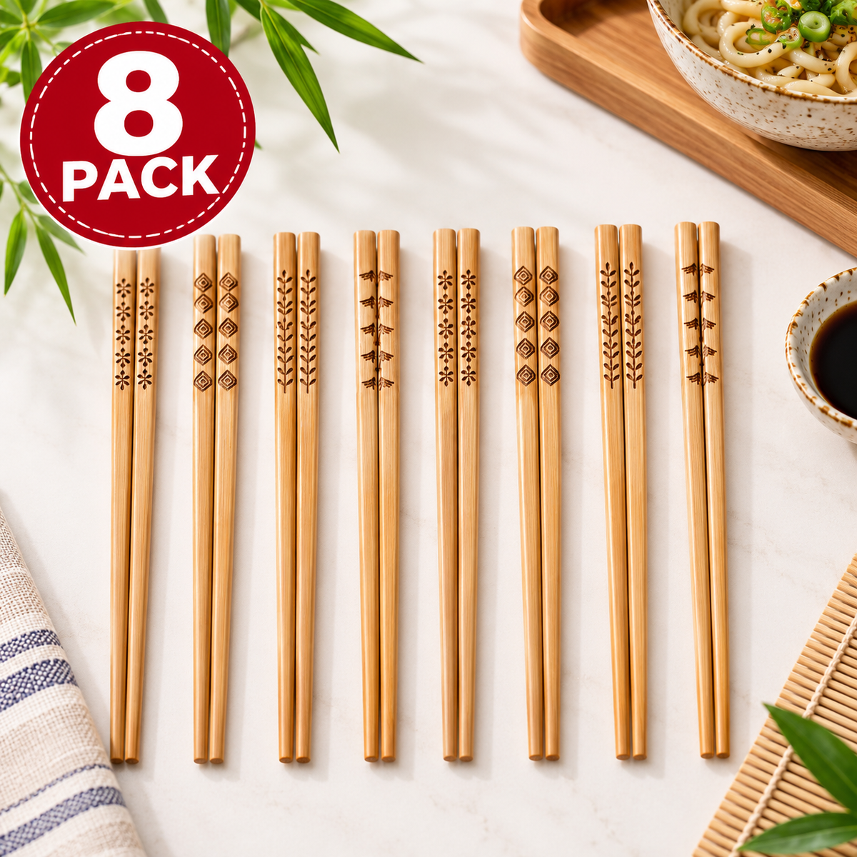 IKEA TREBENT Bamboo Chopsticks, 8 Pairs (16 Pieces), Natural Reusable Wooden Chopsticks, Lightweight Asian Dining Utensils for Sushi, Noodles, Rice, Ramen & Everyday Meals