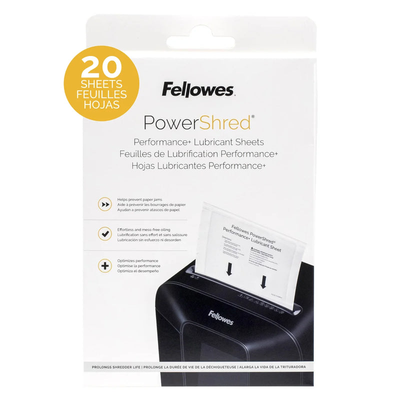 Feuilles lubrifiantes Fellowes Powershred Performance +, paquet de 20