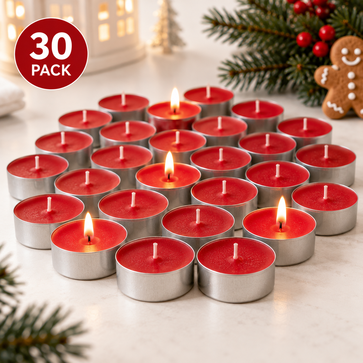 IKEA VINTERFINT Gingerbread Cookies Scented Tealight Candles, 30 Pack, Red Christmas Candles in Metal Cups, 3.5 Hour Burn Time, Holiday Home Décor & Table Decorations