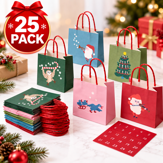 IKEA VINTERFINT Christmas Gift Bags, 25 Pack with Numbered Stickers, Mixed Festive Patterns, Small Paper Gift Bags for Advent Calendar, Christmas Treats, Party Favours & Holiday Gift Packaging, 10 × 10 cm