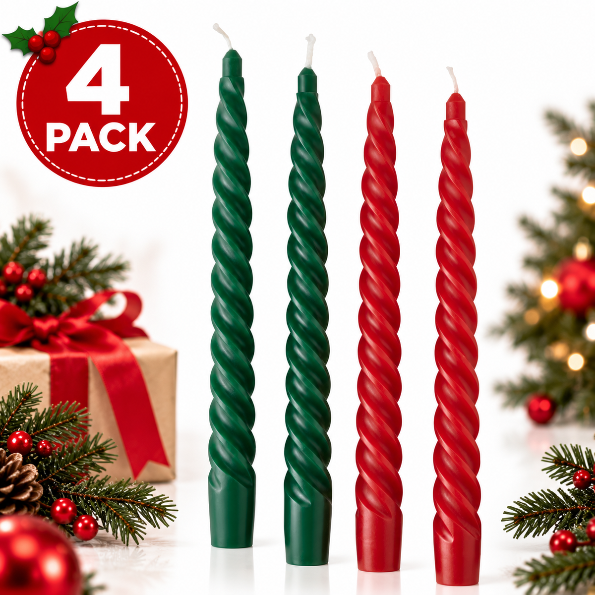 (4 Pack) IKEA VINTERFINT Twisted Taper Candles, Red & Green Unscented Christmas Dinner Candles, 25 cm (9¾ Inch), 5.5-Hour Burn Time, Festive Holiday Table Centrepiece & Home Décor