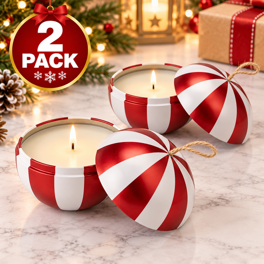 (2 Pack) IKEA VINTERFINT Spiced Delight Scented Candle in Metal Cup, Red & White Christmas Bauble Design, 28-Hour Burn Time, Decorative Holiday Candle with Reusable Metal Container for Home Décor