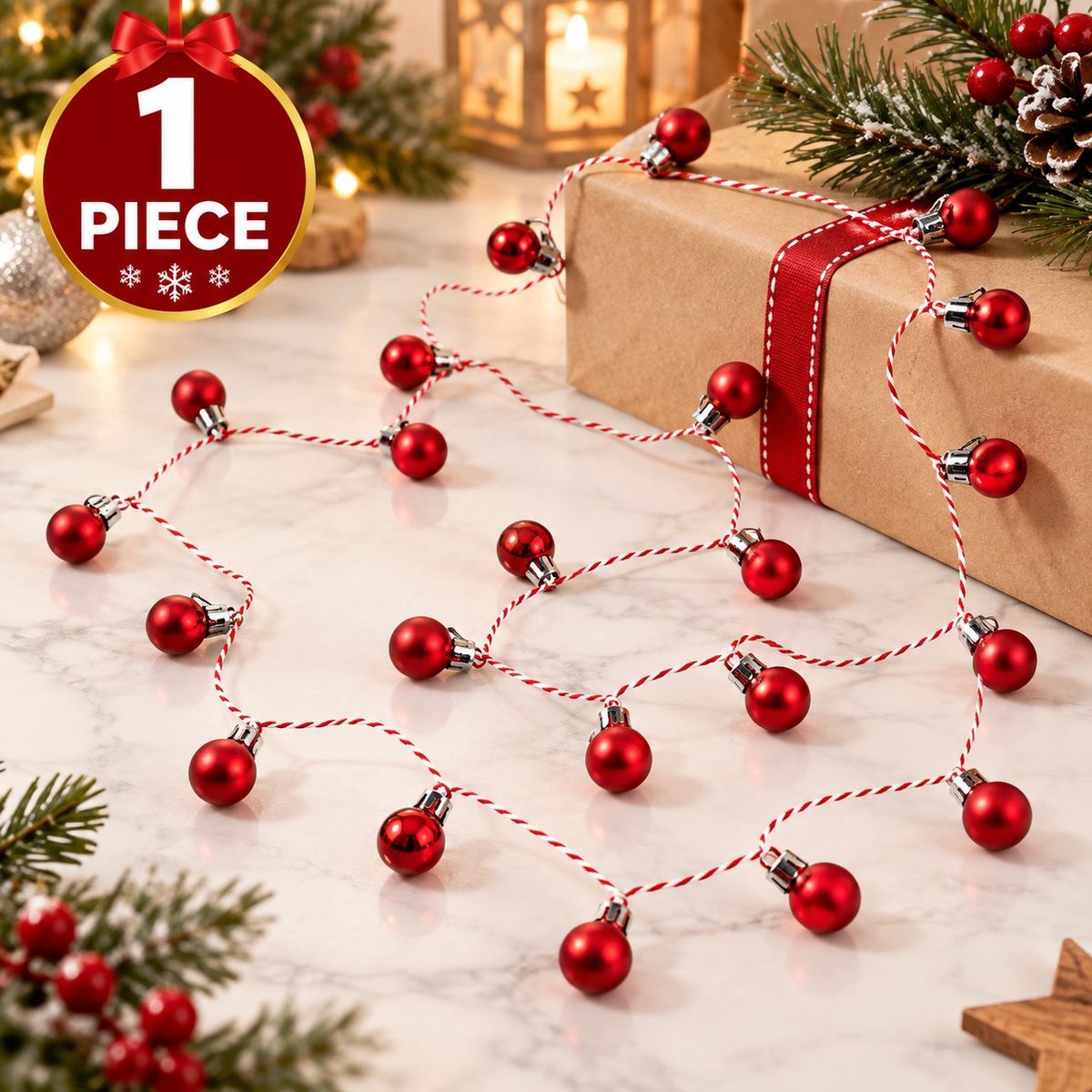 IKEA VINTERFINT Red Christmas Bauble Garland, 2.2 m (7.2 ft), Decorative Hanging Holiday Garland, Festive Christmas Tree, Fireplace Mantel, Window & Home Décor