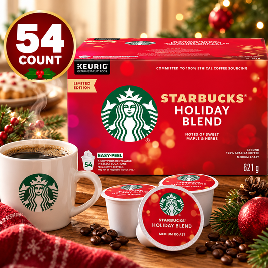 (54 Count) Starbucks Holiday Blend Medium Roast Coffee K-Cup Pods,  100% Arabica Coffee, Limited Edition Seasonal Blend with Sweet Maple & Herbal Notes, Single-Serve Coffee Capsules Compatible with Keurig K-Cup Brewers