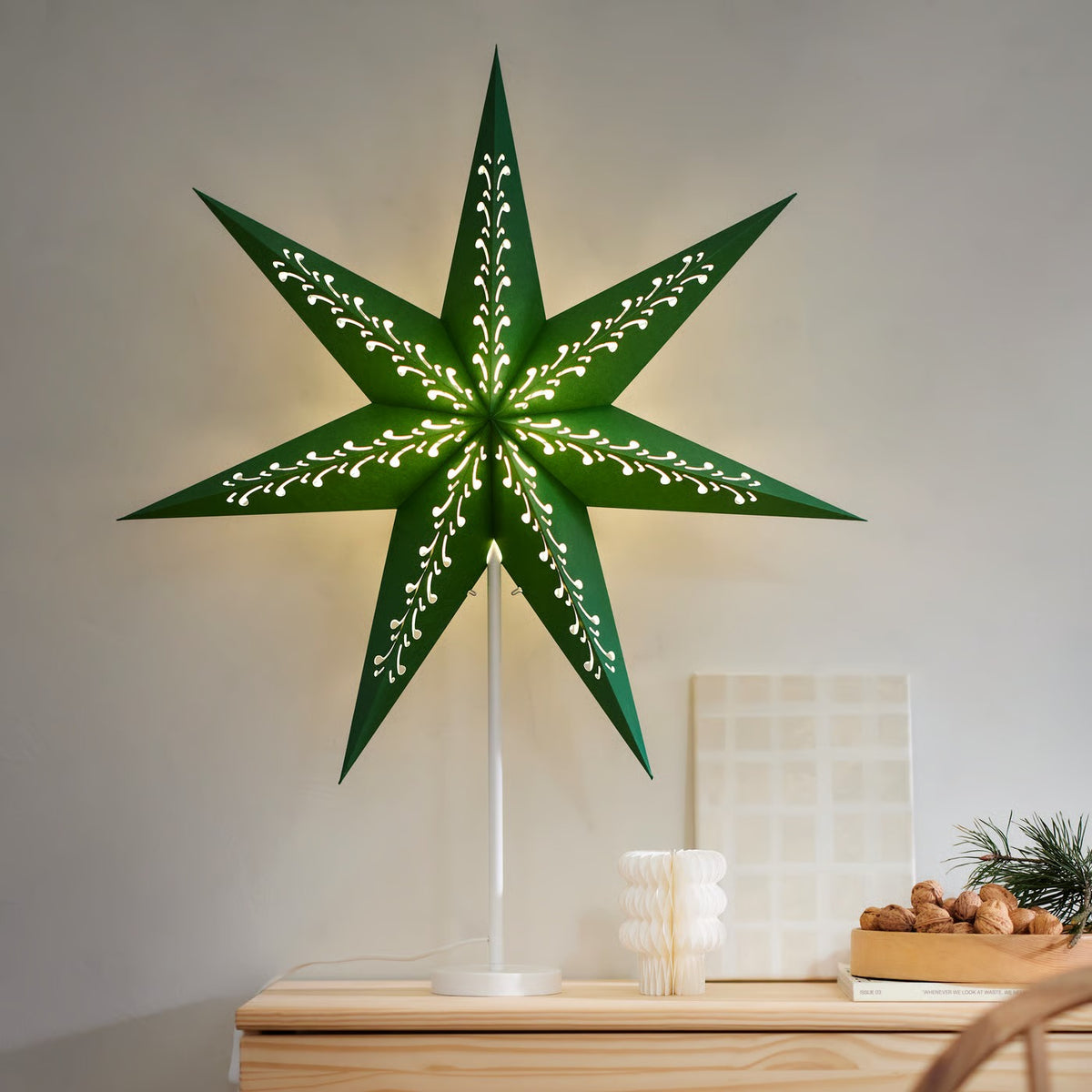 IKEA 70 cm Star-Shaped Paper Lamp Shade, Green &amp; White, Indoor Decorative Shade