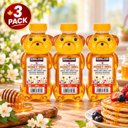 Kirkland Signature 100% Pure Canadian Liquid Honey, 3-Pack × 750 g (2.25 kg Total), Unpasteurized Canada No. 1 White Honey, Squeezable Honey Bear Bottles for Tea, Pancakes, Toast, Baking & Cooking