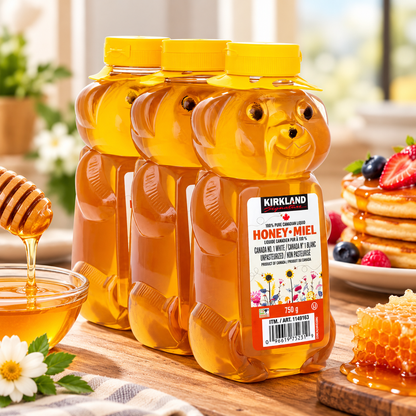 Kirkland Signature 100% Pure Canadian Liquid Honey, 3-Pack × 750 g (2.25 kg Total), Unpasteurized Canada No. 1 White Honey, Squeezable Honey Bear Bottles for Tea, Pancakes, Toast, Baking & Cooking