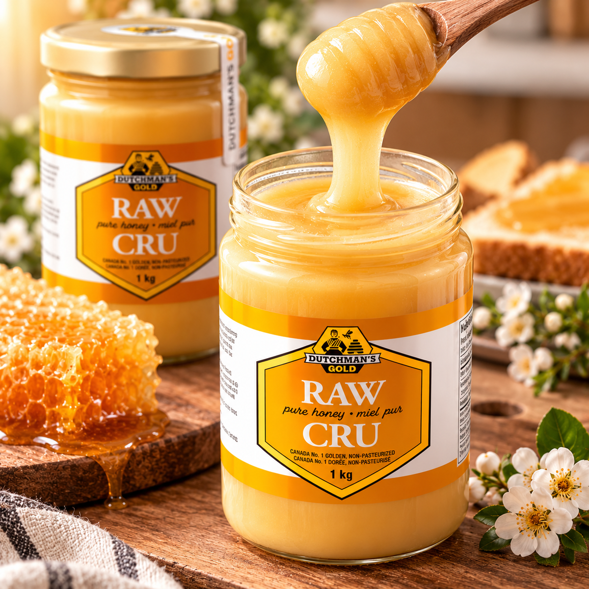 Dutchman's Gold 100% Pure Canadian Raw Honey, 2-Pack × 1 kg (2 kg Total), Unpasteurized Cold-Processed Honey, Smooth Creamy Spreadable Natural Honey for Toast, Tea, Baking & Cooking