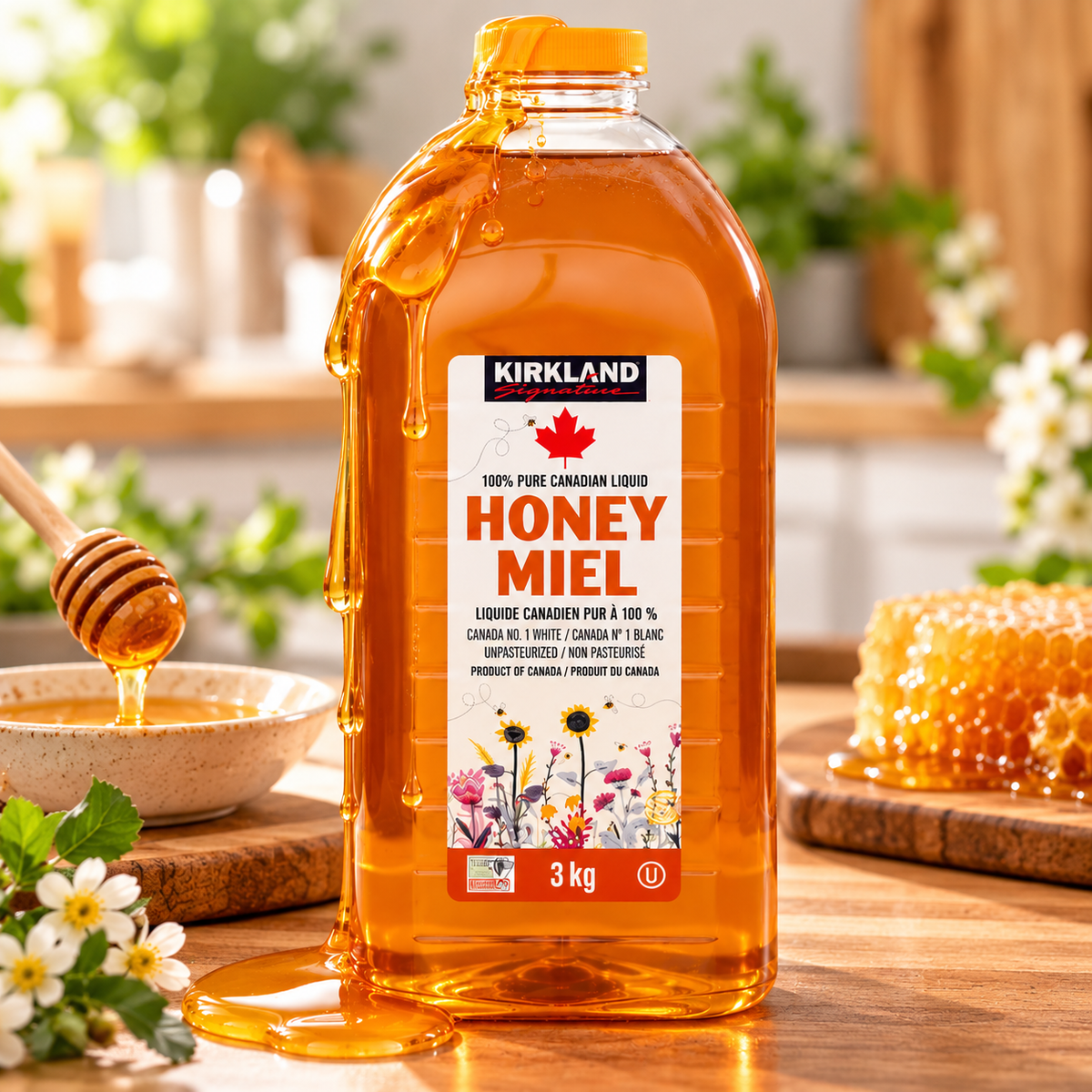 Kirkland Signature 100% Pure Canadian Liquid Honey, 3 kg (6.61 lb), Unpasteurized Canada No. 1 White Honey, Natural Sweetener for Tea, Coffee, Baking, Cooking, Pancakes & Toast