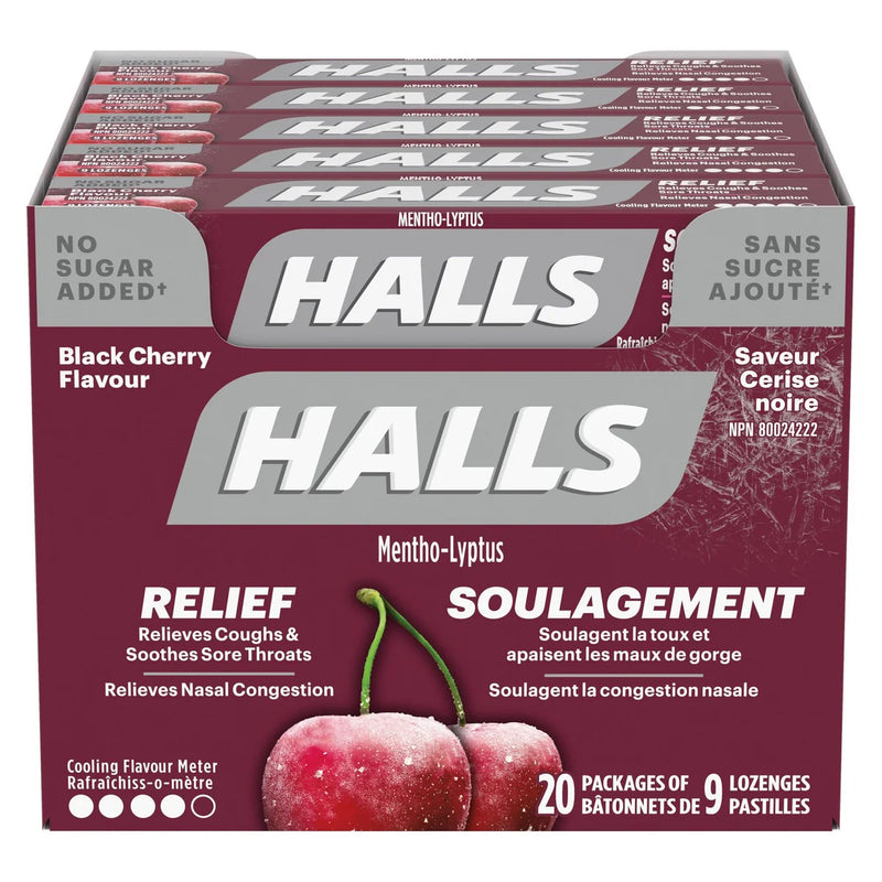 Halls Black Cherry Flavour With No Sugar Added Cough Drops, 20 × 9 lozenges