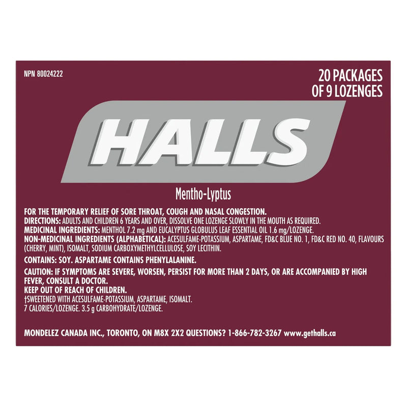 Halls Black Cherry Flavour With No Sugar Added Cough Drops, 20 × 9 lozenges