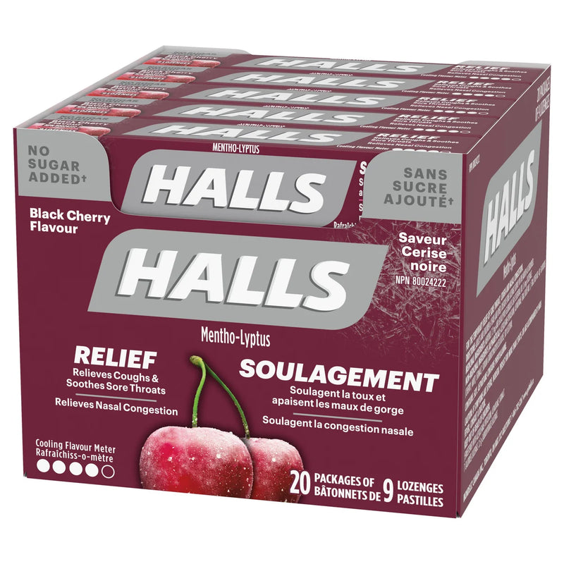 Halls Black Cherry Flavour With No Sugar Added Cough Drops, 20 × 9 lozenges