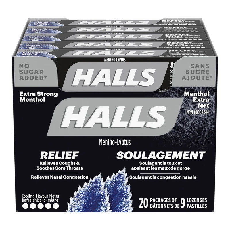 Halls Extra Strong Menthol With No Sugar Added Cough Drops, 20 × 9 lozenges