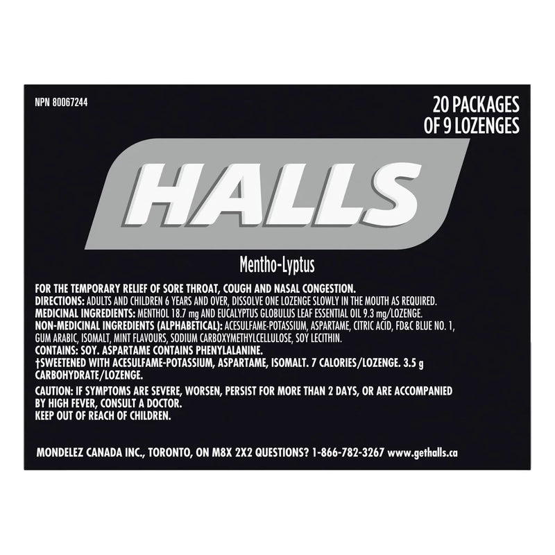 Halls Extra Strong Menthol With No Sugar Added Cough Drops, 20 × 9 lozenges