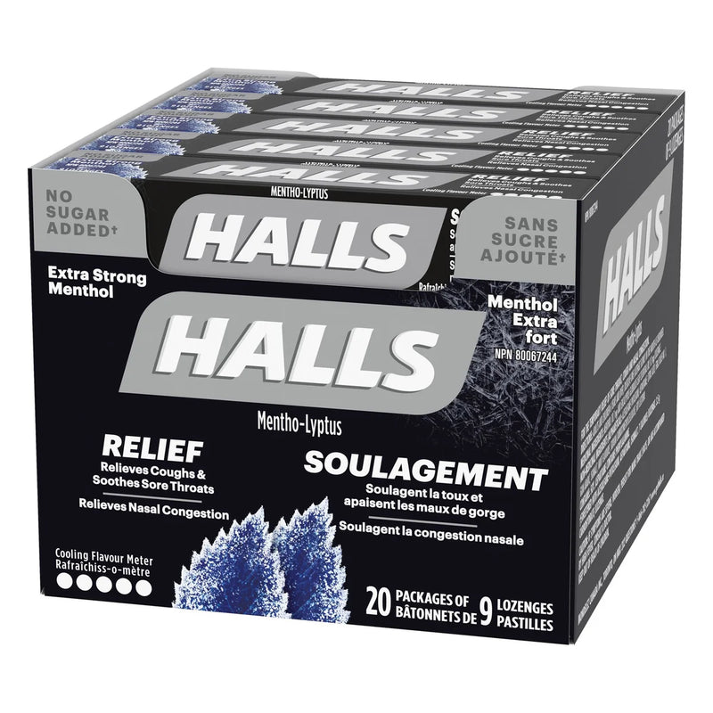 Halls Extra Strong Menthol With No Sugar Added Cough Drops, 20 × 9 lozenges