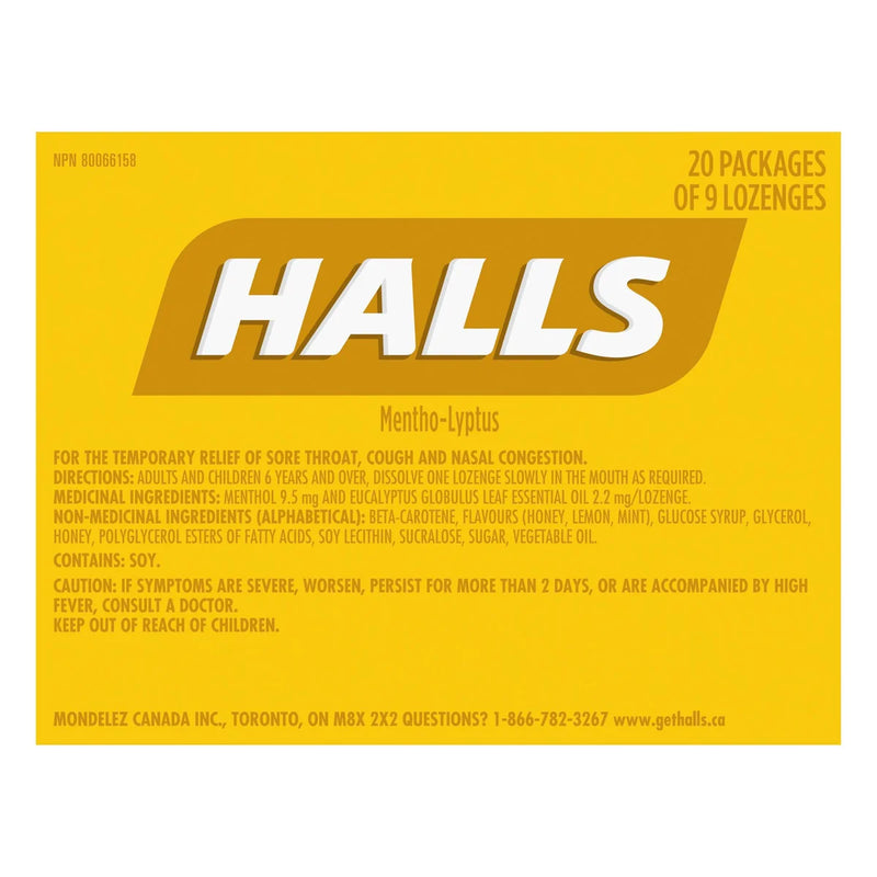 Halls Honey Lemon Flavour Cough Drops, 20 × 9 lozenges