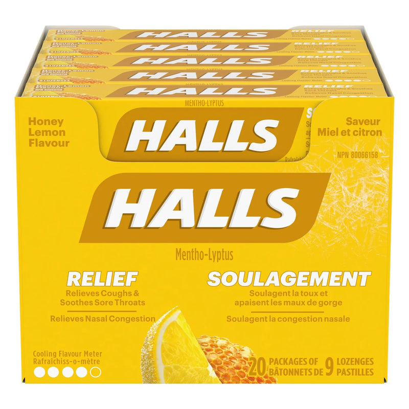 Halls Honey Lemon Flavour Cough Drops, 20 × 9 lozenges