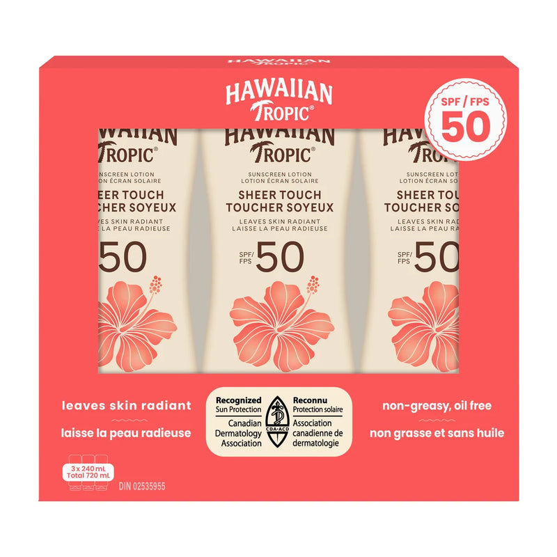 Lotion solaire Hawaiian Tropic Sheer Touch FPS 50, 3 x 240 ml