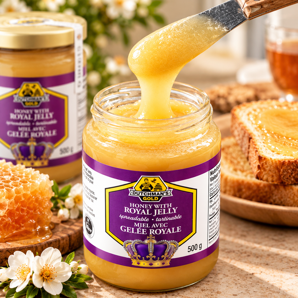 Dutchman's Gold Honey with 2% Royal Jelly, 2-Pack × 500 g (1 kg Total), Pure Canadian Unpasteurized Creamed Honey, Smooth Spreadable Honey Blend for Toast, Tea, Smoothies & Breakfast