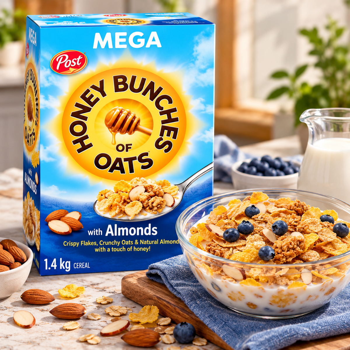 Post Honey Bunches of Oats with Almonds Breakfast Cereal, 1.4 kg (3.09 lb), Crunchy Multigrain Cereal with Crispy Flakes, Oat Clusters, Sliced Almonds & Honey, Family Size Ready-to-Eat Cereal for Breakfast & Snacking