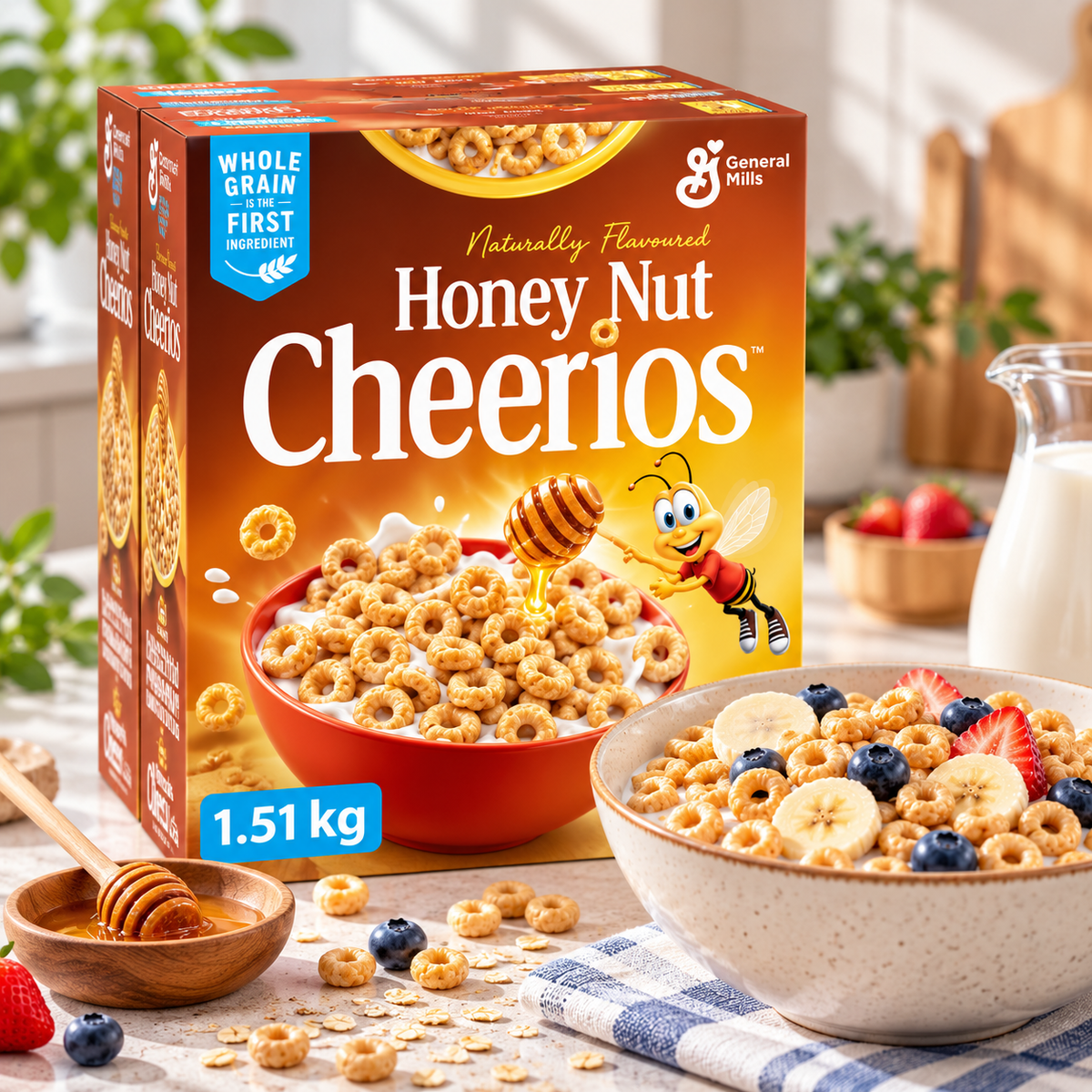 General Mills Honey Nut Cheerios Breakfast Cereal, 1.51 kg (3.33 lb), Gluten-Free Whole Grain Oat Cereal, Crunchy Honey Flavoured O-Shaped Cereal Made with Real Honey, Family Size Ready-to-Eat Breakfast & Snack