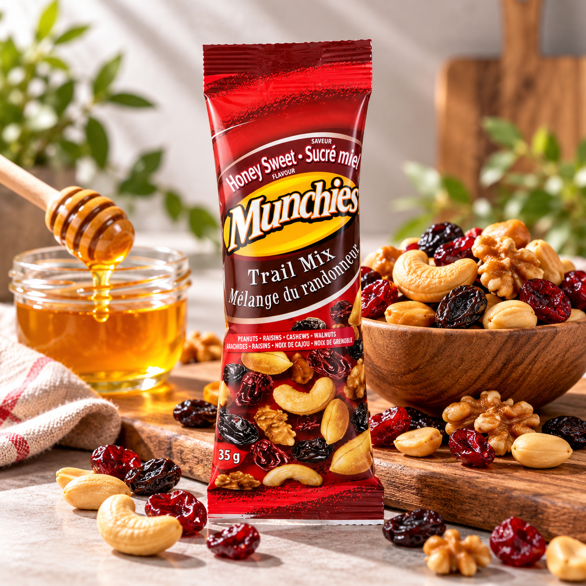 Munchies Honey Sweet Trail Mix, 12-Pack × 35 g (420 g Total), Crunchy Peanuts, Cashews, Walnuts, Raisins & Dried Cranberries, Sweet Honey Flavoured Nut & Fruit Snack Mix, Individual Snack Packs for Work, School, Travel & On-the-Go