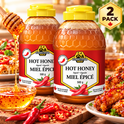 Dutchman's Gold Hot Honey 2-Pack × 500 g (1 kg Total), Canadian Unpasteurized Chili Pepper Infused Liquid Honey, Sweet & Spicy Squeezable Honey Sauce for Pizza, Fried Chicken, BBQ, Marinades, Glazes & Dipping