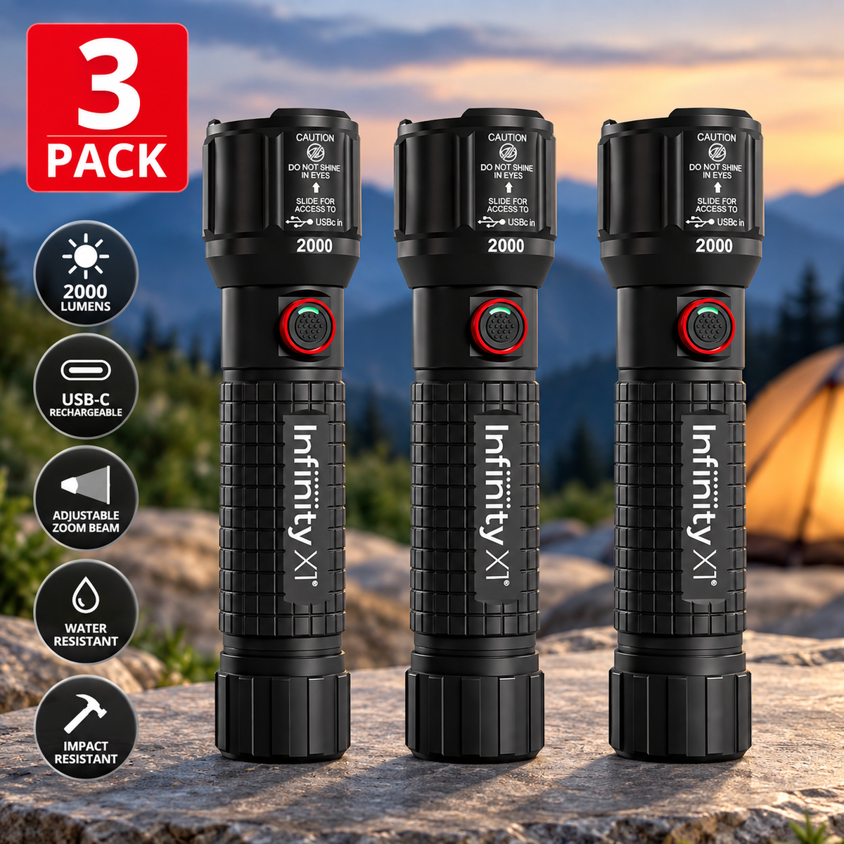 (3 Pack) Infinity X1 2000 Lumen Rechargeable Flashlight
