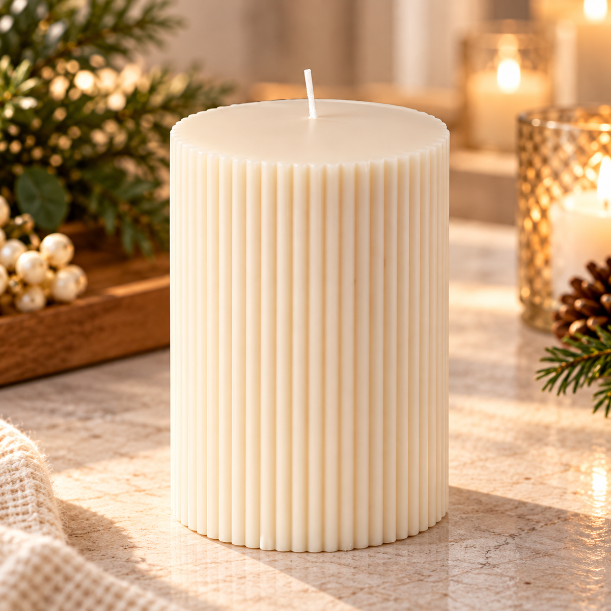 IKEA SNÖSISKA Unscented Pillar Candles, 2 Pack, Off-White, 10 cm (4") Height, 7 cm (2¾") Diameter, 30-Hour Burning Time Each, Decorative Ribbed Candles for Living Room, Dining Tables, Christmas, Weddings & Modern Home Décor