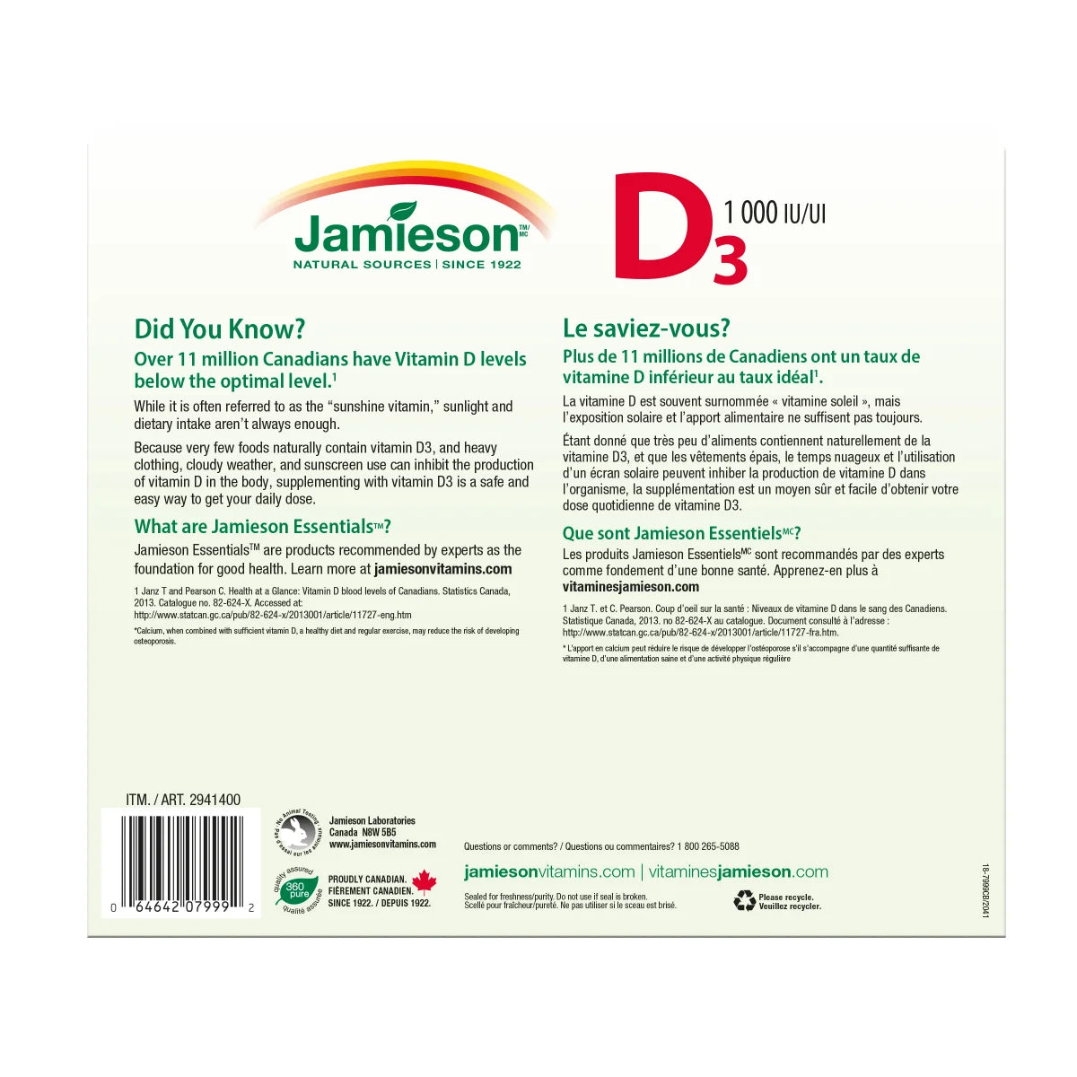 Jamieson Vitamin D3 1000 IU, 2 x 375 Tablets