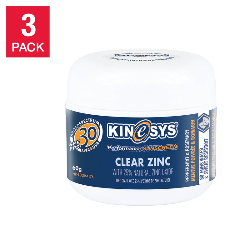 KINeSYS Clear Zinc avec 25 % d'oxyde de zinc SPF 30, 3 x 60 g