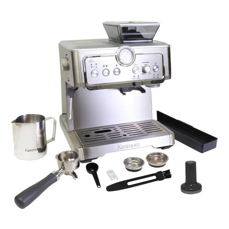 Kenmore Stainless Steel Espresso Machine with Grinder & Milk Frother