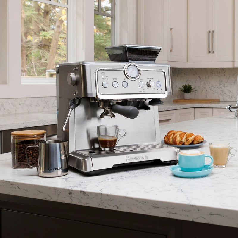 Kenmore Stainless Steel Espresso Machine with Grinder & Milk Frother