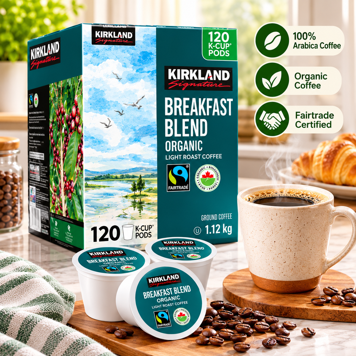 (120 Count) Kirkland Signature Organic Breakfast Blend Coffee K-Cup Pods, Light Roast, Fairtrade Certified, 100% Arabica Ground Coffee, Smooth & Balanced Single-Serve Coffee Capsules for Keurig K-Cup Brewers