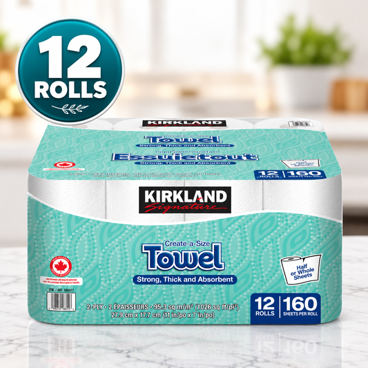 Kirkland Signature 2-Ply Paper Towels, 12 Rolls, 160 Sheets Per Roll, Create-A-Size Absorbent Kitchen Paper Towels, Disposable Cleaning Rolls for Kitchen, Household & Everyday Cleaning