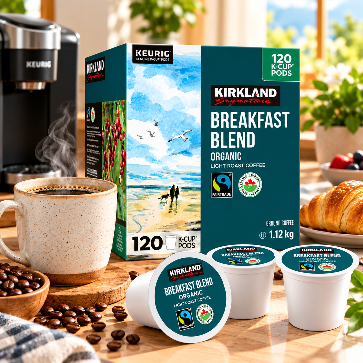 (120 Count) Kirkland Signature Organic Breakfast Blend Coffee K-Cup Pods, Light Roast, Fairtrade Certified, 100% Arabica Ground Coffee, Smooth & Balanced Single-Serve Coffee Capsules for Keurig K-Cup Brewers