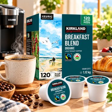 (120 Count) Kirkland Signature Organic Breakfast Blend Coffee K-Cup Pods, Light Roast, Fairtrade Certified, 100% Arabica Ground Coffee, Smooth & Balanced Single-Serve Coffee Capsules for Keurig K-Cup Brewers