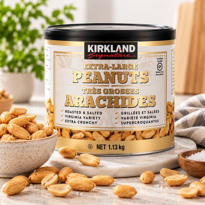 Kirkland Signature Extra Large Roasted & Salted Peanuts, 1.13 kg (2.5 lb), Premium Virginia Variety Whole Peanuts, Extra Crunchy Gluten-Free & Kosher Snack Nuts, Family Size Container for Parties, Travel & Everyday Snacking